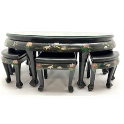 Hong Kong black lacquered oval coffee table with six stools, glass covered recessed top with shibiyama style decoration of figures in a garden