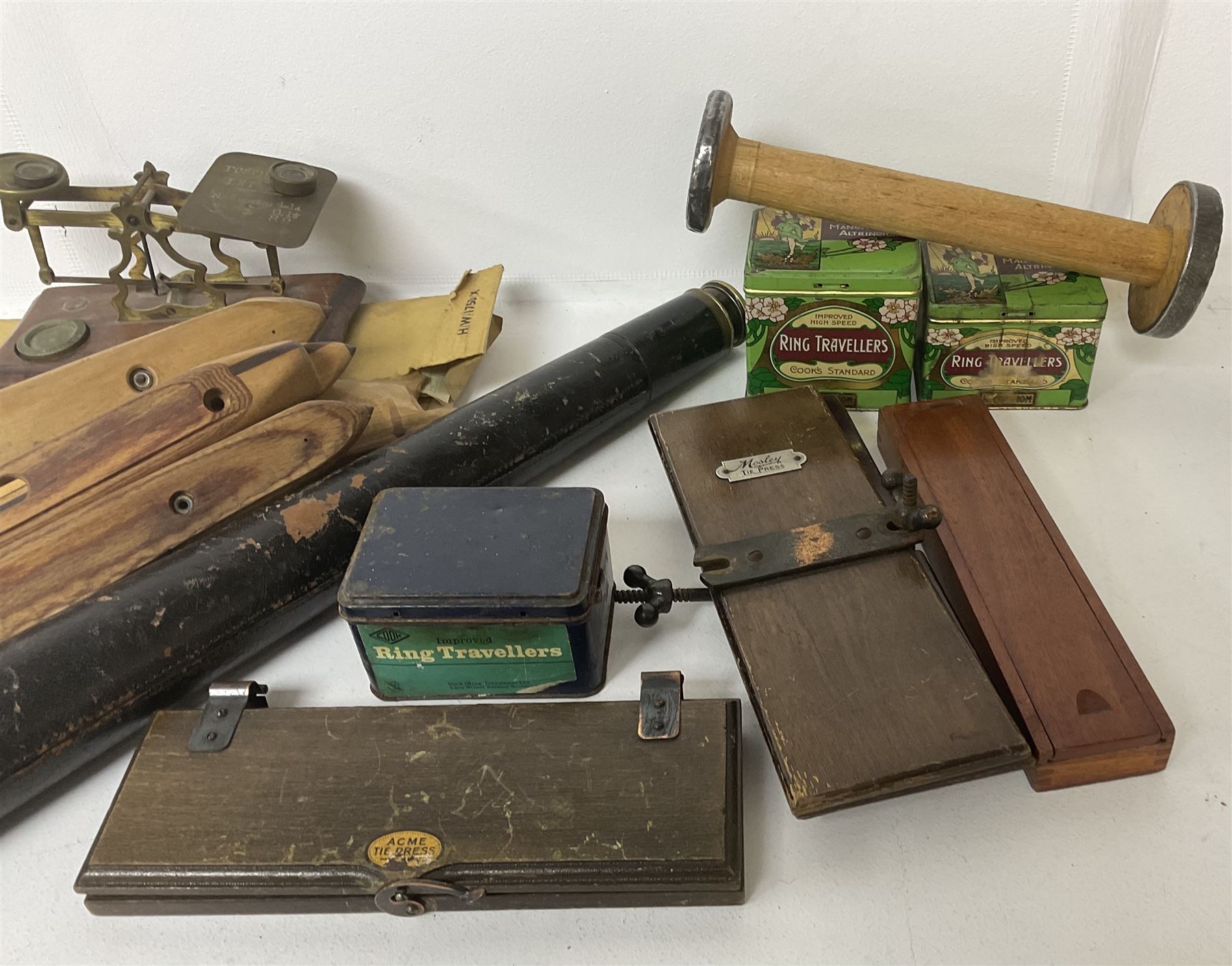 Brass telescope, together with various other collectables, to include mosley tie press, metal tins, oil cans etc 