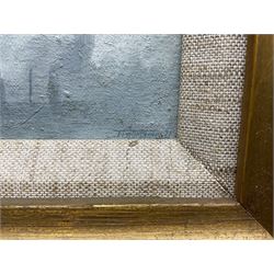 Trevor Grimshaw (Northern British 1947-2001): 'Industrial Scene with Two Chimneys', oil on canvas signed and dated '71, titled verso 16cm x 24cm