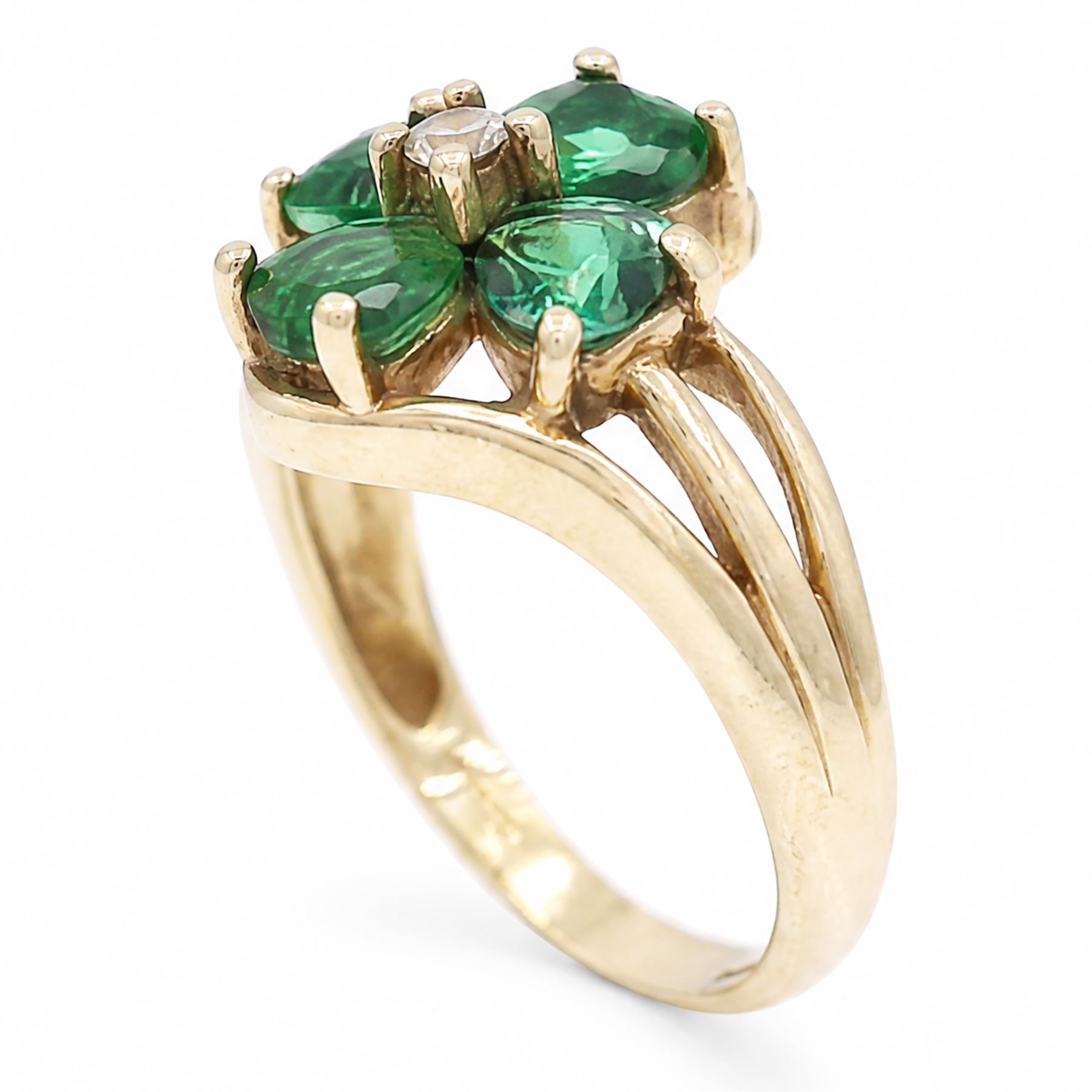 9ct gold green and white paste stone, four leaf clover cluster ring, hallmarked