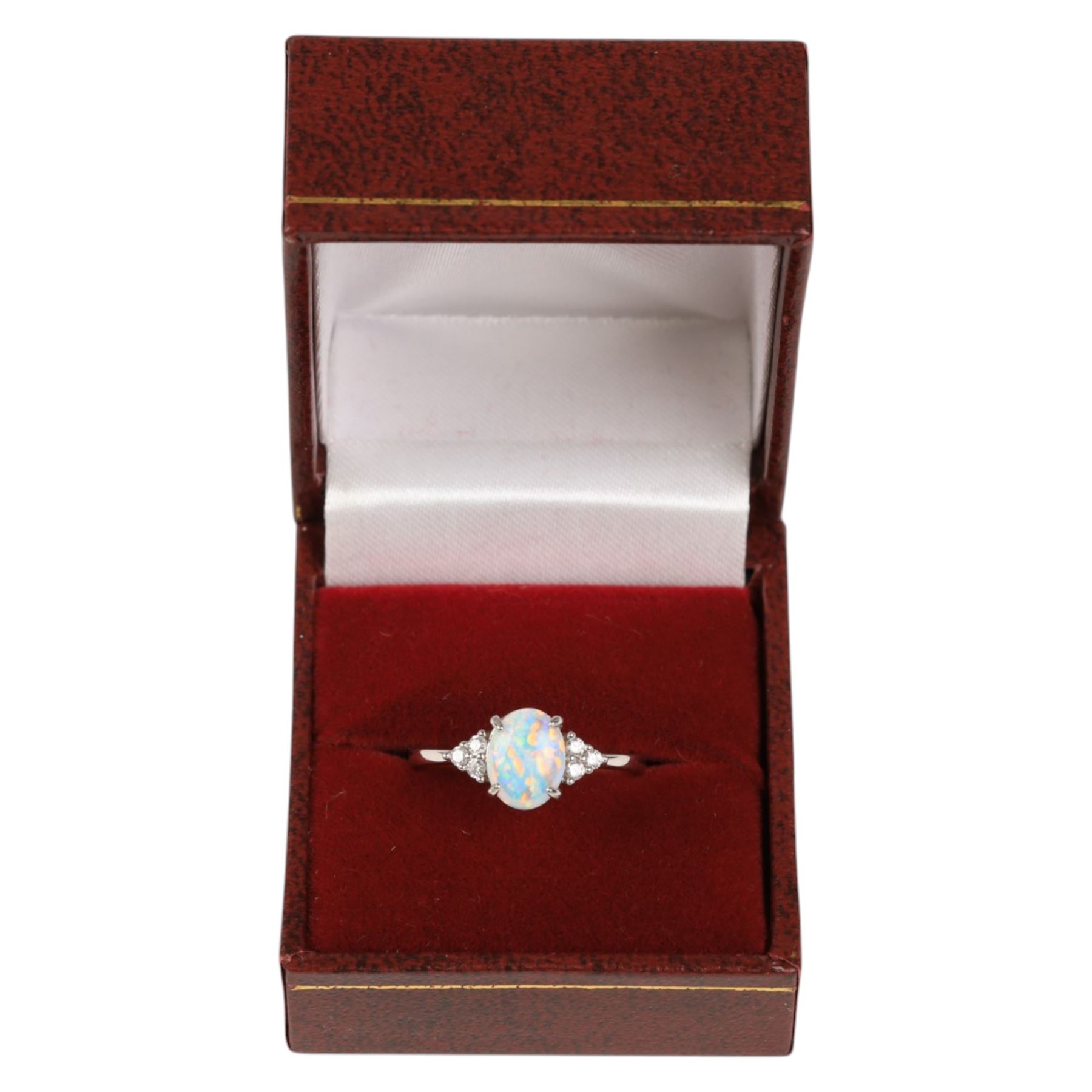 Silver opal and cubic zirconia ring, boxed