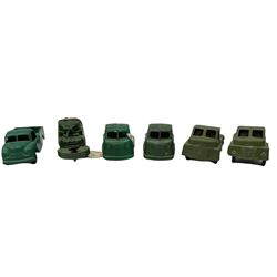 Tri-ang/Tri-ang Minic - twelve plastic friction-drive vehicles comprising Tri-ang Toys/Pedigree Prams Delivery van, Lumber Wagon, Express Service Coach, Tank Transporter with Tank, Medical Coach, Coal Lorry, two Luton Vans, Log Transporter, Pick-Up Truck and two Tractor Units; all unboxed (12)