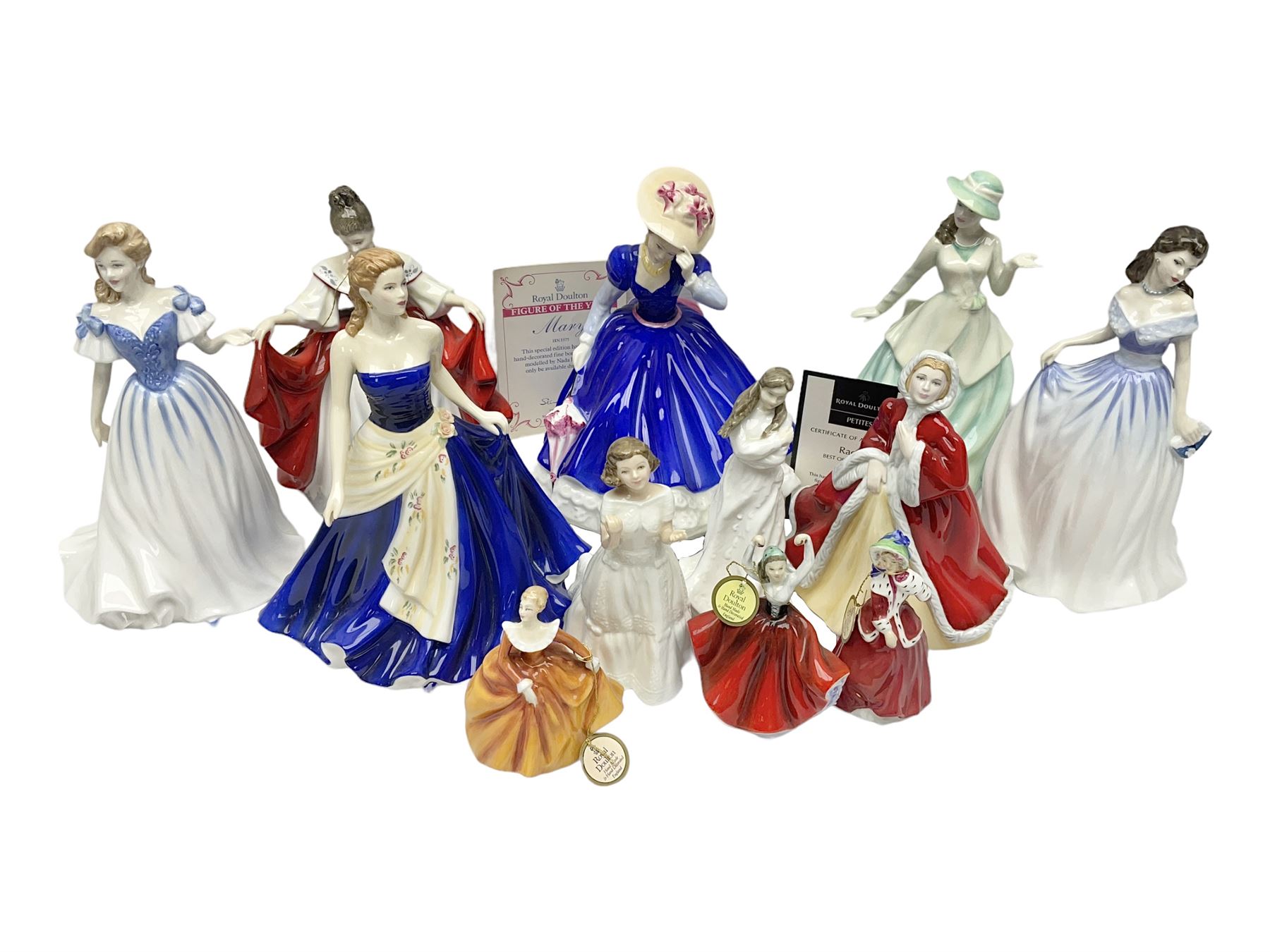Seven Royal Doulton figures, comprising Sara HN2265, Lorraine HN4301, Mary HN3375, Olivia HN5114, Charlotte HN4092, Josephine HN4223 and Rachel HN4780, together with five smaller Royal Doulton figures (12)