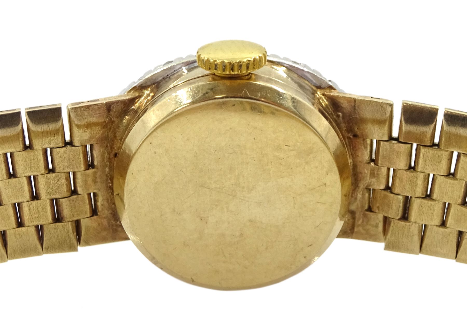 Bueche Girod 9ct gold ladies manual wind bracelet wristwatch, with diamond set bezel, London 1968