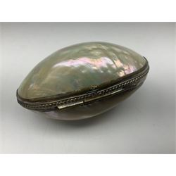 19th century lacquer thimble case with painted portrait of a woman to the hinged lid, together with two mother of pearl egg shaped thimble cases and one other