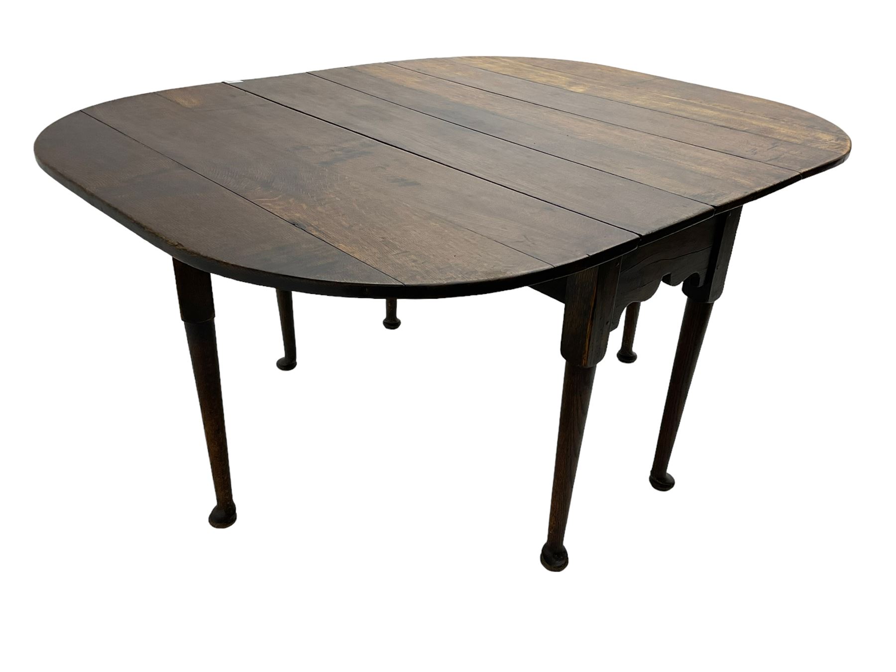 George III oak drop-leaf dining table, oval top over gate-leg action cabriole supports