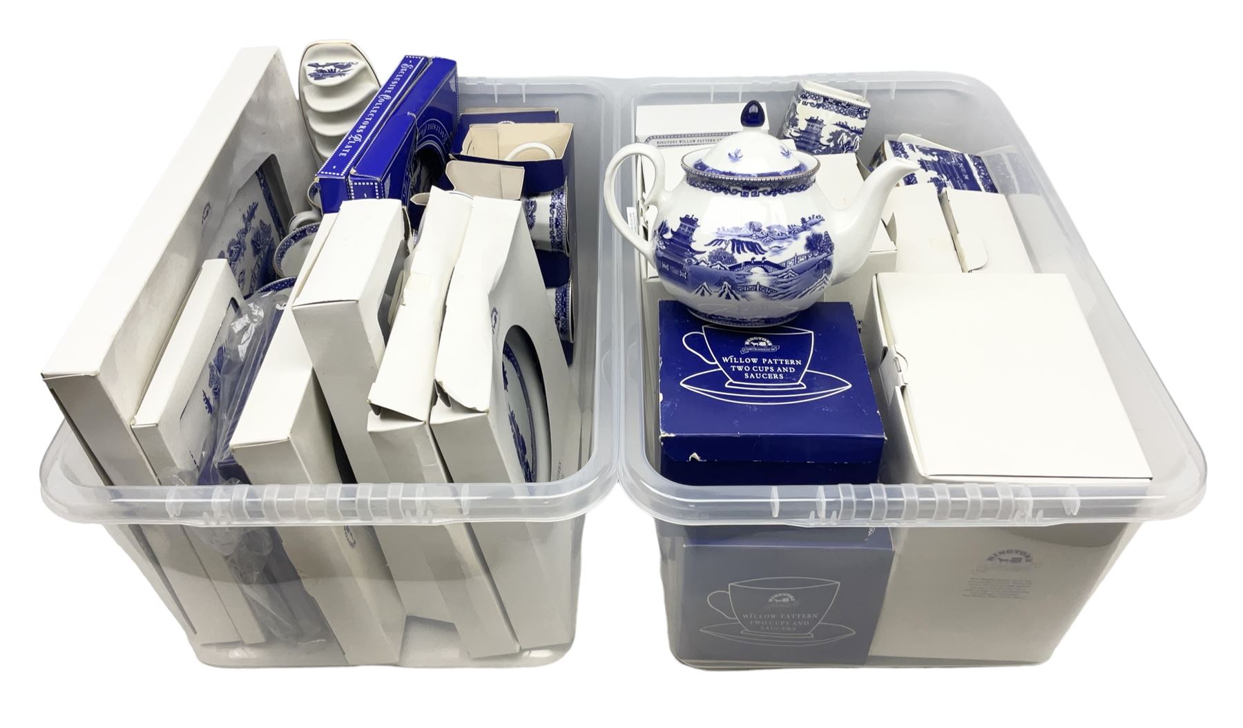 Large quantity of Ringtons blue and white Willow pattern ceramics, to include exclusive collectors examples, dinner plates, teapots, breakfast set, etc, predominantly boxed, four Capodimonte figures comprising example modelled as a girl reading with a puppy, boy giving a bone to a dog, boy reading on cushion and tramp boy sat cross legged with umbrella, together with three The Leonardo Collection figures comprising Midsummer Melody, Alfresco and Butterfly Catchers