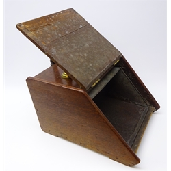  Victorian oak fall front coal box, brass strapwork hinges and handles, with tin liner and shovel, L45cm mao1303  
