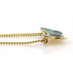 18ct gold green/blue enamel and diamond butterfly necklace, makers mark A & W (possibly Alabaster & Wilson), Birmingham 2014 