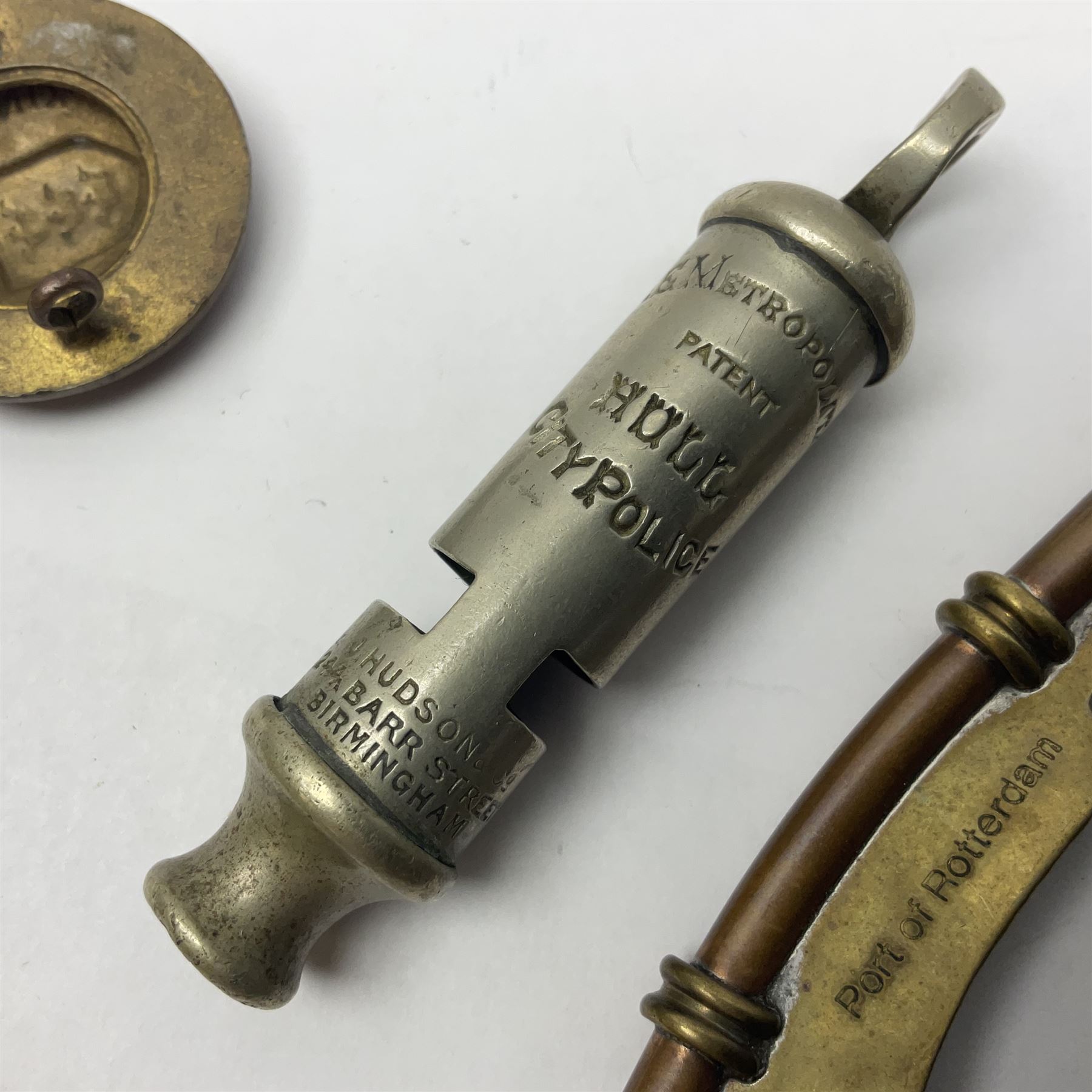 Bosun's whistle, together with Hull City Police whistle and brass and enamel badge detailed 'Special Constable Kingston Upon Hull 1914', (3)