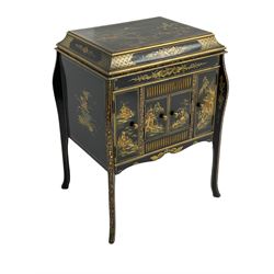 Early 20th century Chinoiserie lacquered gramophone cabinet, the lid decorated with raised gilt work, traditional landscape and figural scenes, fitted with 'Apollo' 'No. 114' gramophone, cupboards below, on cabriole supports