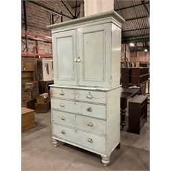 19th century pale blue painted pine housekeepers cupboard, double panelled cupboard enclosing two shelves over two short and three long drawers, on turned feet - THIS LOT IS TO BE COLLECTED BY APPOINTMENT FROM THE OLD BUFFER DEPOT, MELBOURNE PLACE, SOWERBY, THIRSK, YO7 1QY