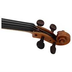 19th century full size European violin, spruce top, figured maple full back and sides, double purfling, in fitted case with two bows.
