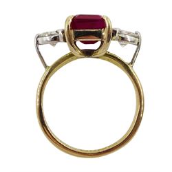 18ct gold three stone emerald cut ruby and round brilliant cut diamond ring, hallmarked, total diamond weight approx 0.90 carat