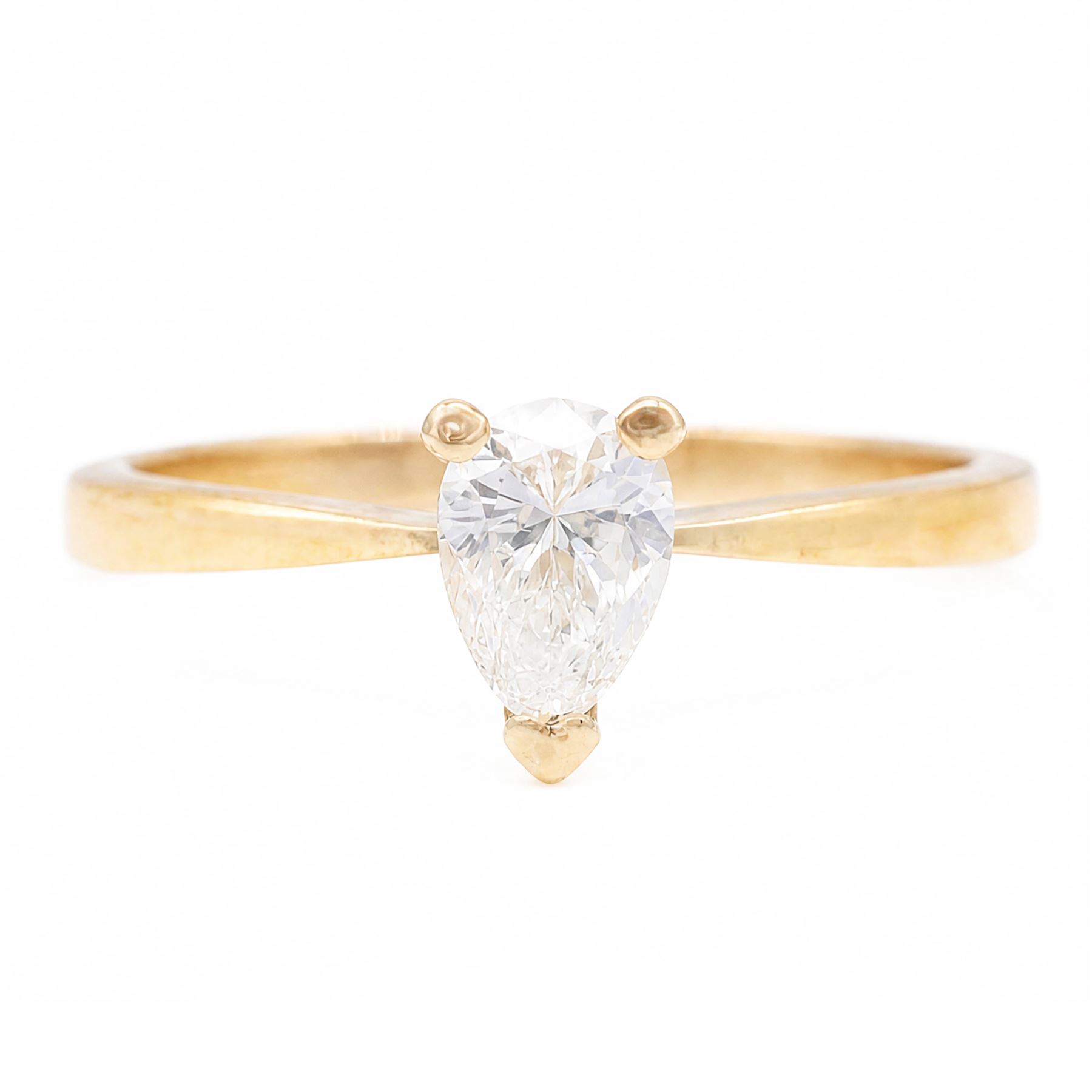 18ct rose gold diamond ring, three claw set with a single pear cut diamond of 0.52 carat, hallmarked, boxed with with GIA report
