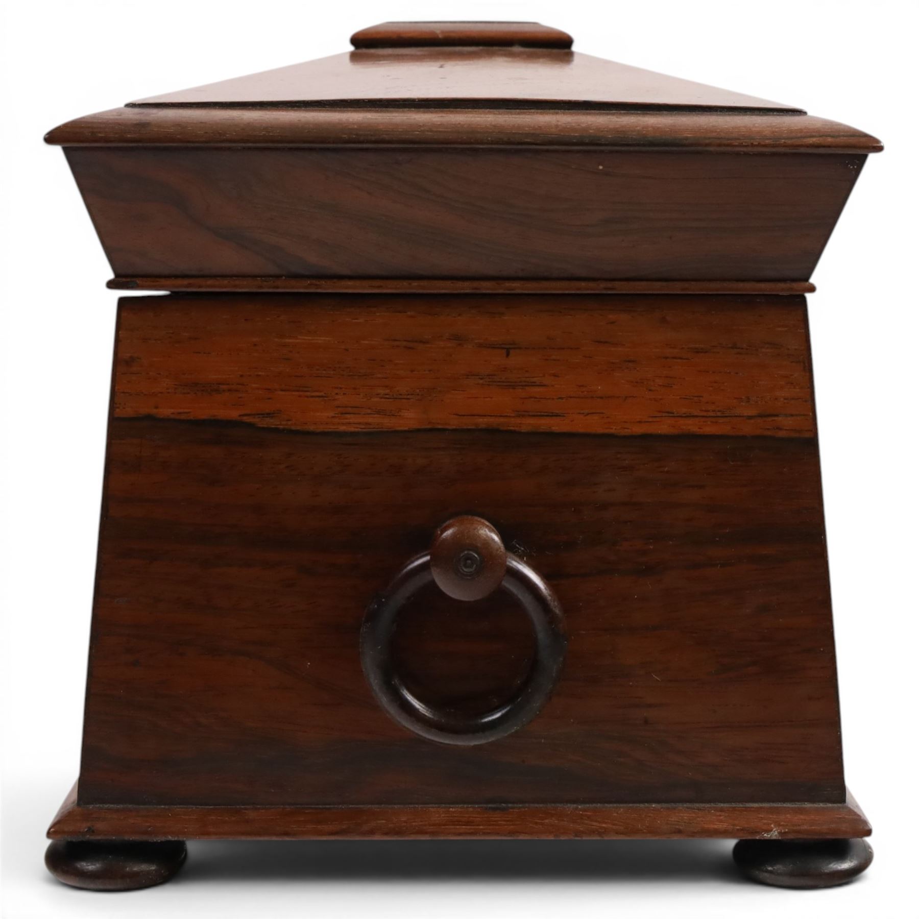 19th century tea caddy, of sarcophagus form, the lid opening to reveal fitted interior, together with red lacquered tea caddy, largest H22cm  
