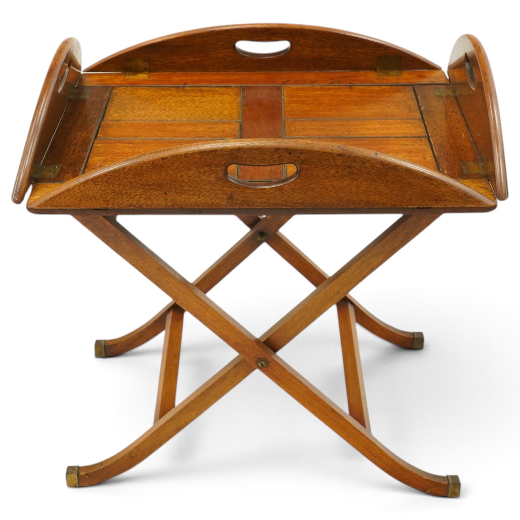 Georgian design mahogany butlers tray on stand, hinged tray-top with pieced handles over folding campaign stand