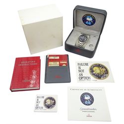 Omega Speedmaster Professional “Eyes on the Stars” Silver Snoopy Award stainless steel limited edition manual wind wristwatch, Ref. 3578.51.00, Cal. 1861, serial No. 77118140, on original stainless steel bracelet, with fold-over clasp, boxed with papers, warranty card dated 2003 and additional bracelet link