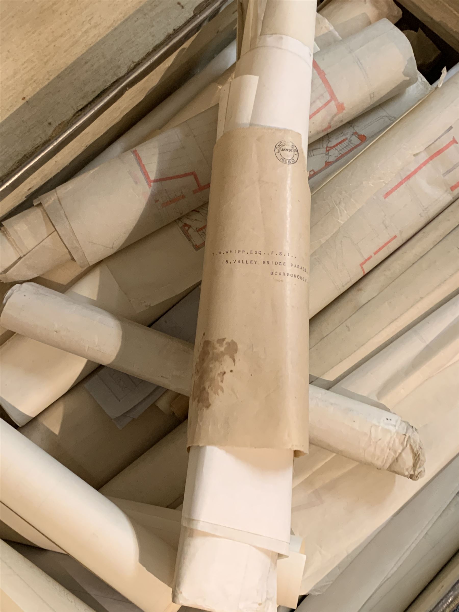 Thomas William Whipp ARIBA (1880-1950) (Chartered Architect and Surveyor): Quantity of architectural drawings and plans relating to Scarborough including: Manor Road Boarding House 1932, Temperance Hall Falsgrave Road 1935, Londesborough Theatre and Picture House 1930 Cooperative Bakery Victoria Road 1938, 4 Valley Bridge Parade 1927, Cooperative Society 181-183 Dean Road 1931, Mill Lane Bakery 1938, housed in a canvas steamer style trunk, wood and metal bound, L91cm