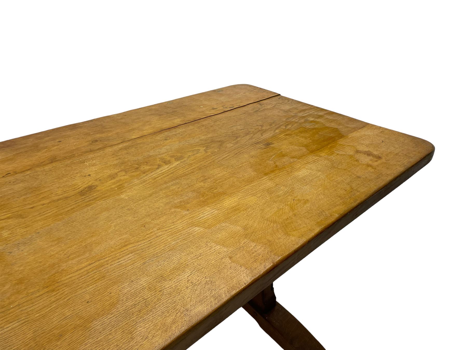 Gnomeman - large oak refectory dining table, rectangular adzed top on shaped end supports with sledge feet, united by pegged stretcher, carved with gnome signature, by Thomas Whittaker, Little Beck