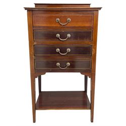 Edwardian mahogany music cabinet, fitted with four fall front drawers, on square tapering supports joined by under tier