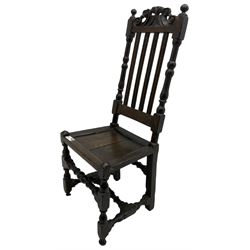 Jacobean oak hall chair, foliate carved cresting rail over moulded slat back and turned uprights, panelled seat over turned supports united by turned H-stretcher