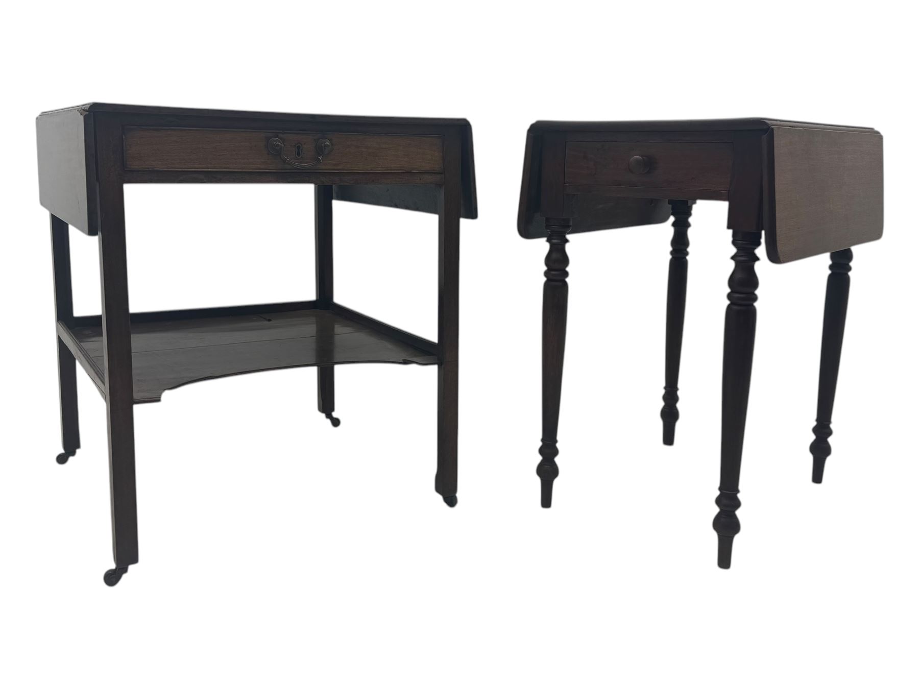 Georgian design mahogany drop-leaf table, rectangular top above a single drawer with brass handle, square supports united by arched undertier, on brass castors (W62cm, D65cm, H72cm); and a smaller mahogany drop-leaf table with single drawer on turned supports (W43cm, D61cm, H72cm)