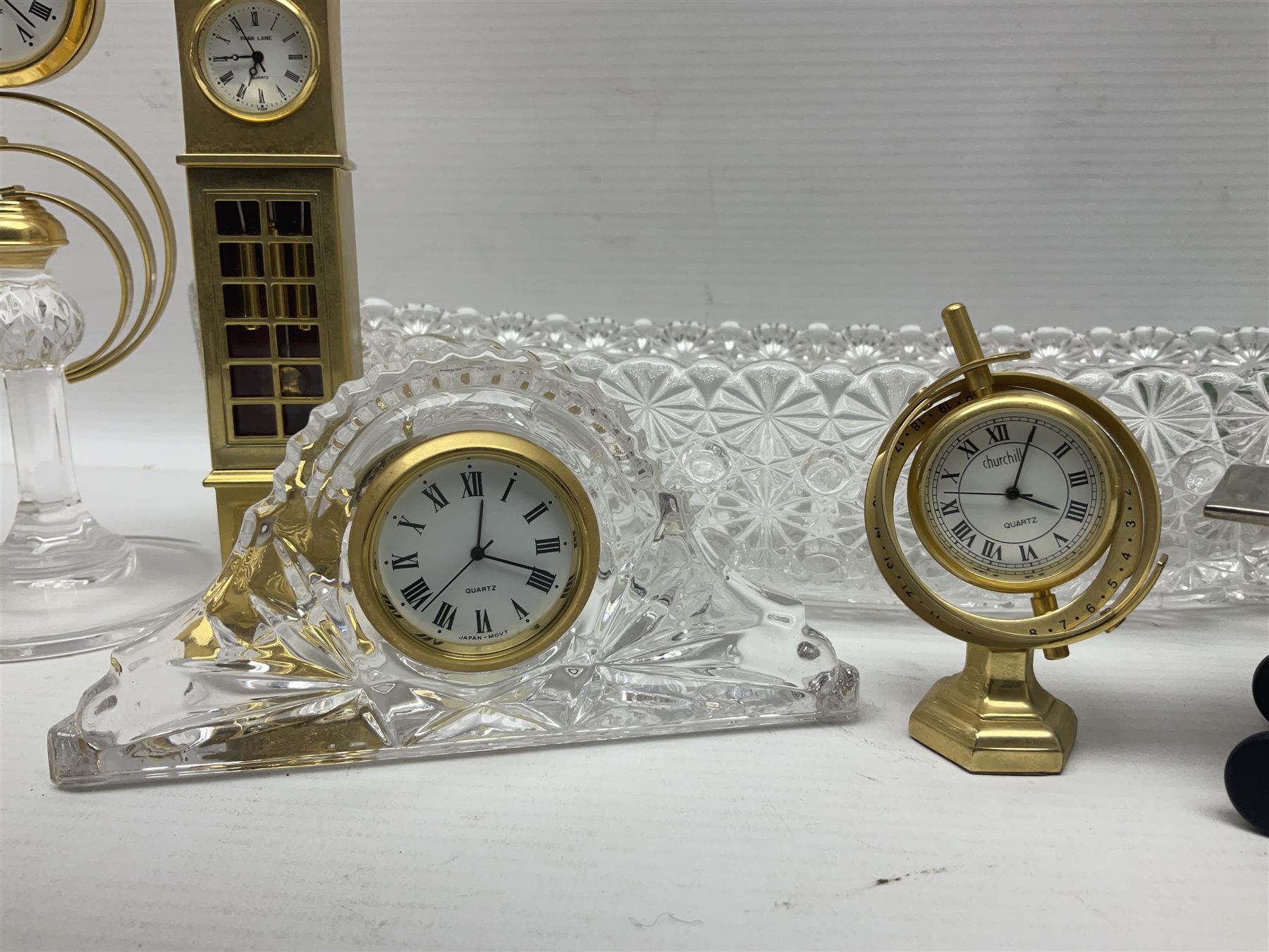 Six small mantel clocks; Grace Darling moulded glass dish; and boxed Beswick figure