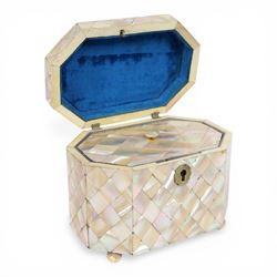 19th century mother of pearl tea caddy, of rectangular form with canted corners, the hinged lid enclosing a single lidded compartment, raised upon bun feet, H11cm D10cm L13cm
This item has been registered for sale under Section 10 of the APHA Ivory Act 