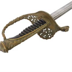 French 1837 pattern officers sword, 70cm single edged blade, with pierced brass hilt, ribbed grip, with brass mounted leather scabbard, L85cm