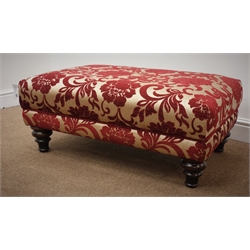  Grande traditional style armchair upholstered in a red and gold embossed fabric with complimentary arm-covers (W105cm) and matching footstool  