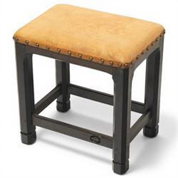Acornman - dark stained oak stool with upholstered seat, rectangular top with tan leather ...