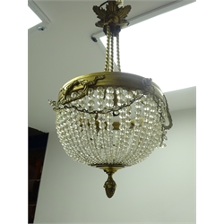  Neo-Classical design gilt metal chandelier, circular bag form with classical wreath mounts supporting swags and concentric rows of prism drops, H44cm   