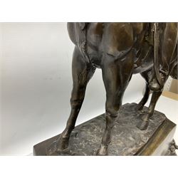 Large and impressive bronze figure of Wellington seated on a horse, on a sarcophogus shaped stepped base impressed 'Meunier Paris', the canted corners inset with battle trophies H68cm L50cm D22cm
