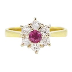 18ct gold round cut ruby and round brilliant cut diamond cluster ring, Birmingham import mark 1989, total diamond weight approx 0.30 carat