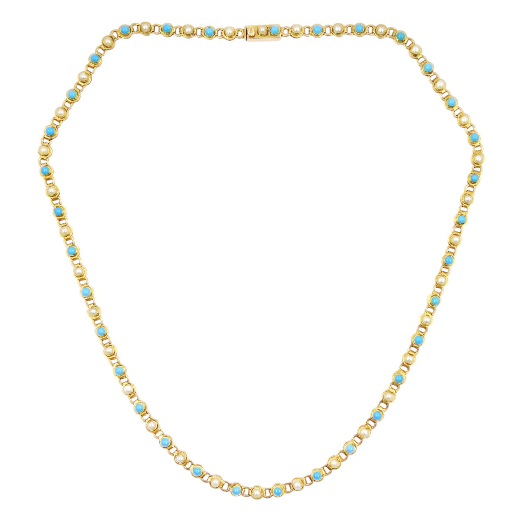 Early 20th century gold split pearl and turquoise necklace, stamped 15ct, in velvet and silk lined box by London & Ryder, New Bond Street