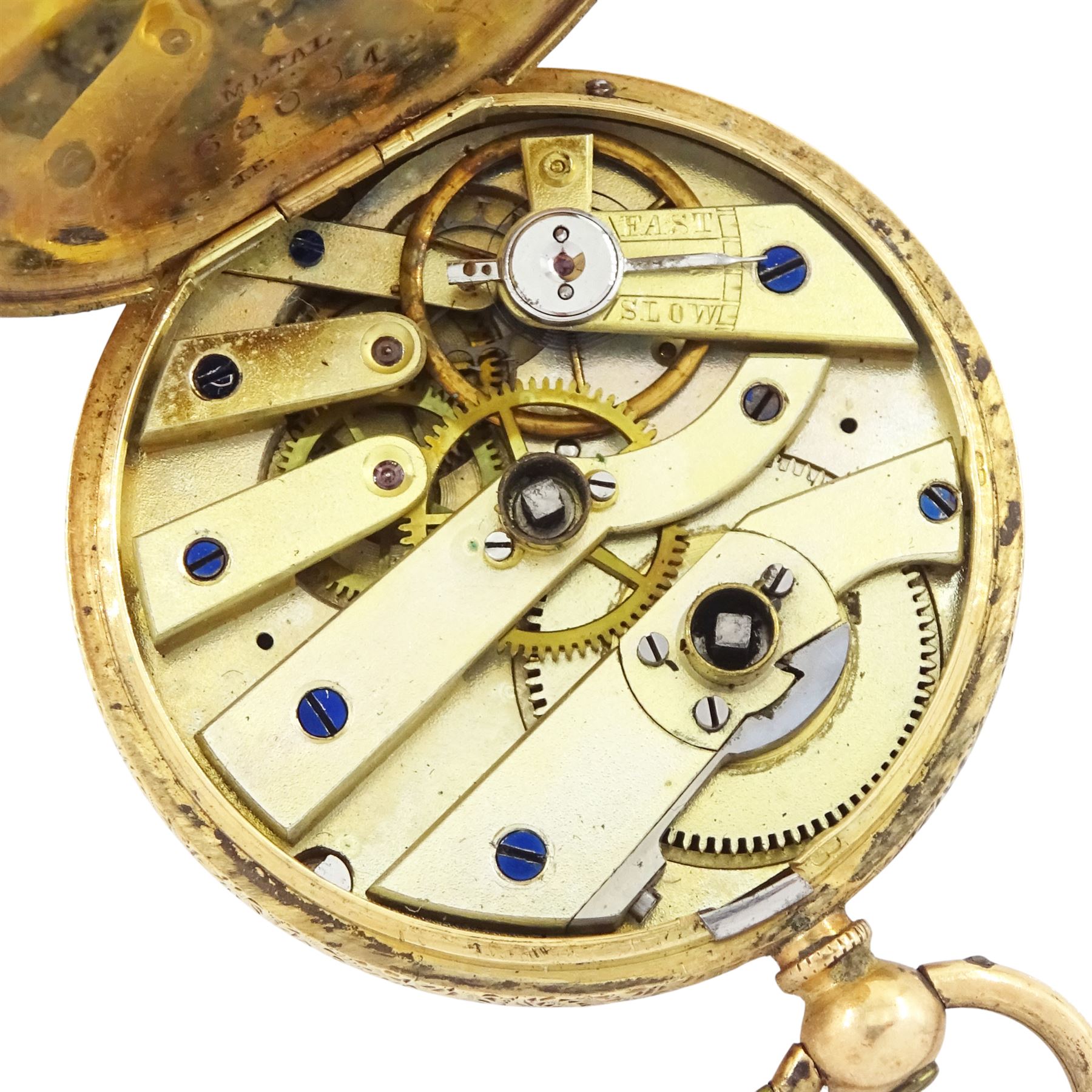 Early 20th century 14ct gold open face, key wound cylinder fob watch, engraved gilt dial with Roman numeral hour markers, case with engraved foliate decoration, stamped 14K