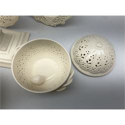 Collection of Harley Greens & co Leeds pottery creamware, including two candle sticks H14.5cm, two twin handled bowls, three plates, square tray and lidded bowl. 