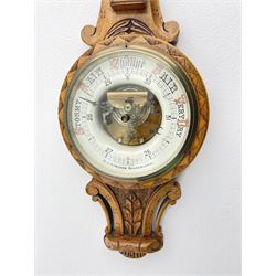 Early 20th century carved oak card aneroid barometer with visible aneroid and mercury thermometer, by ‘C. J. Gowland, Sunderland’ 