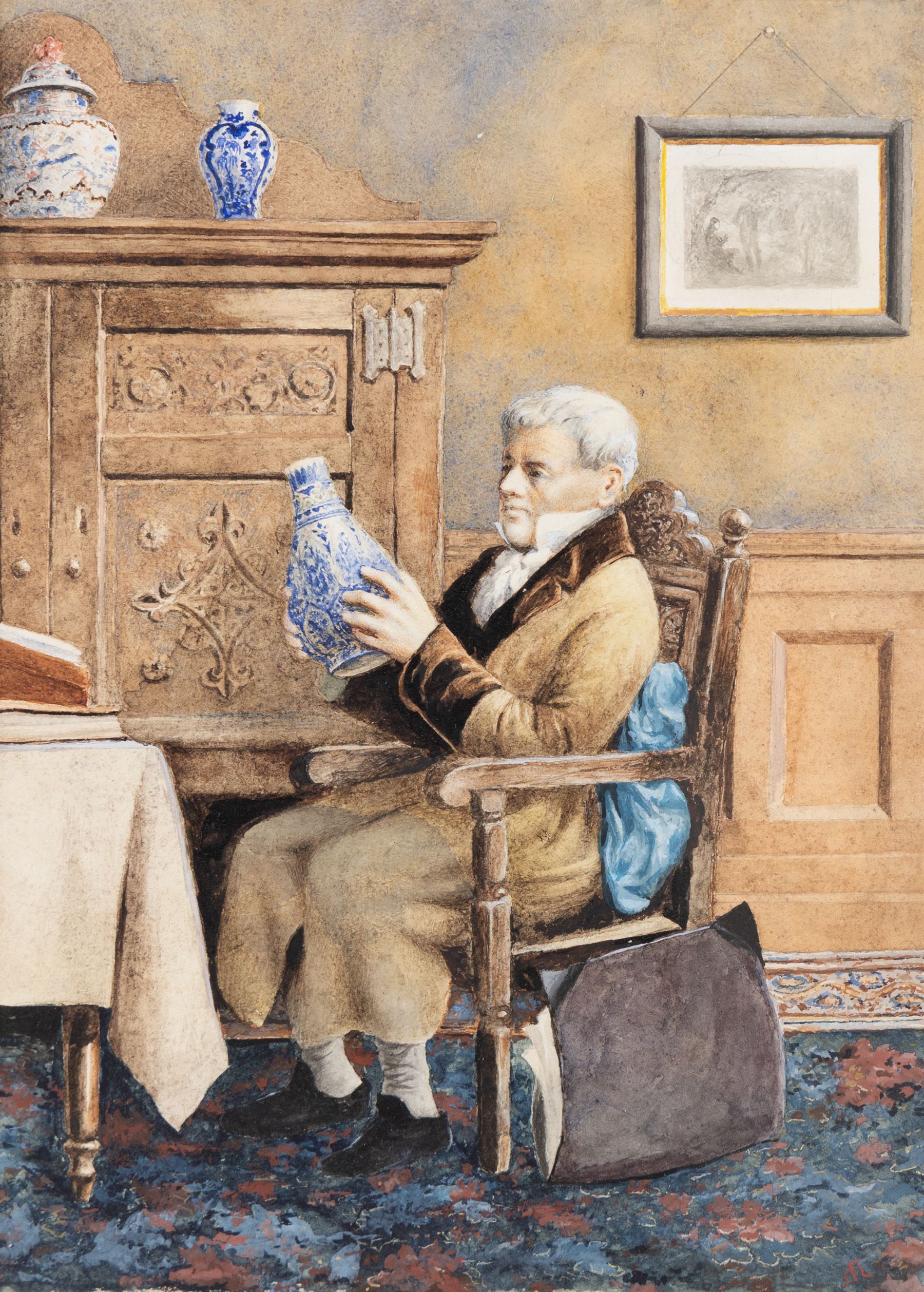 After Henry Stacy Marks (British 1829-1898): Gentleman Examining a Vase, watercolour indistinctly signed with monogram 28cm x 20cm 