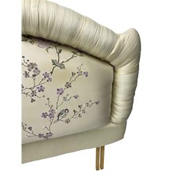 5' Kingsize headboard with stepped arch cresting, upholstered in cream silk with raised stitching decorated with trailing foliage branches and birds; matching bedspread (251cm x 218cm); two matching cushions  