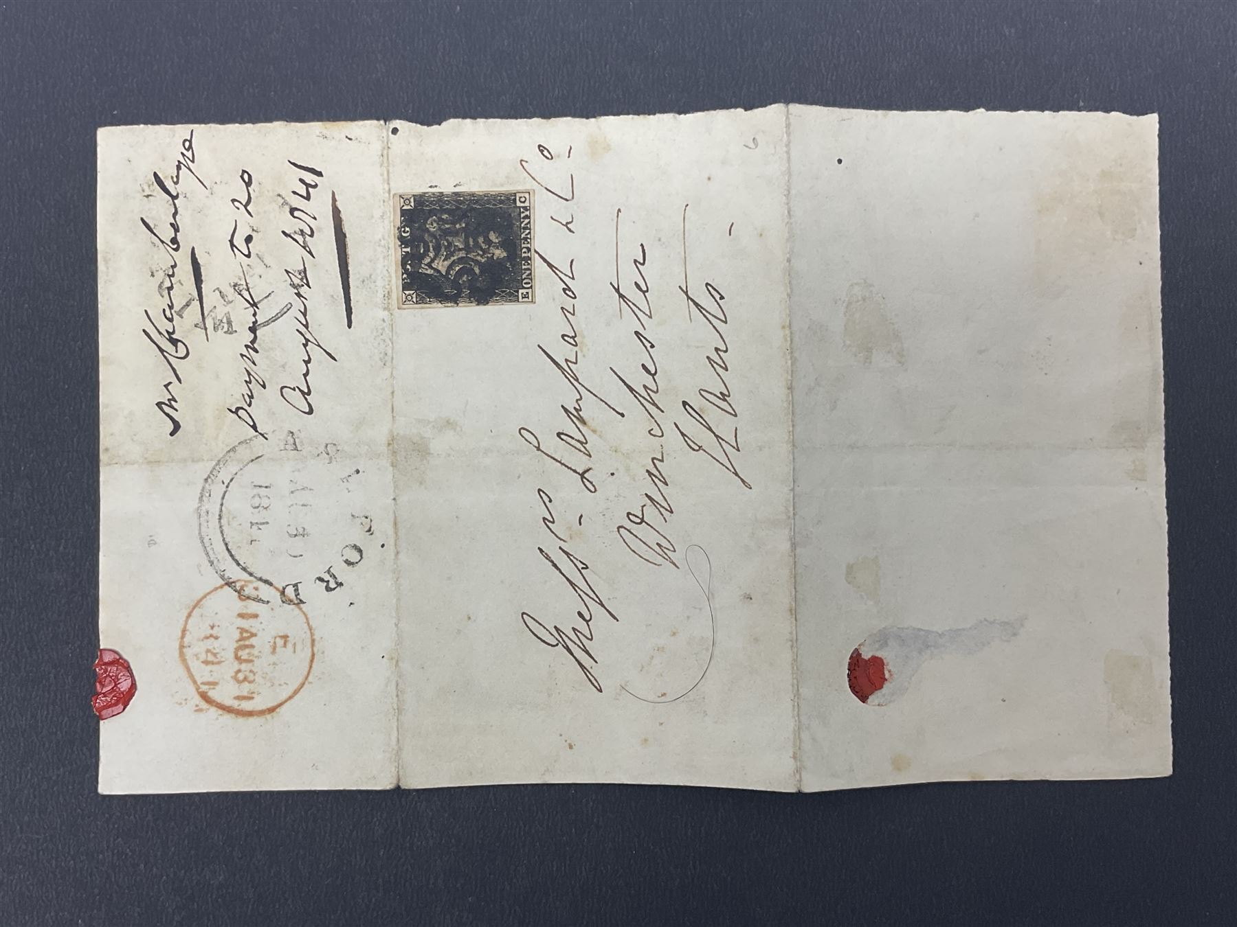 Great Britain Queen Victoria penny black stamp on cover, tied to cover or entire, with black MX cancel
