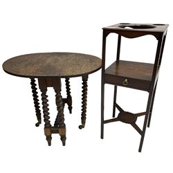 Georgian mahogany washstand, fitted with single drawer, on square tapering supports united by x-framed undertier (34cm x 34cm, H84cm); together with a Victorian oak drop-leaf occasional table, the top carved with flower heads and trailing branches, on spiral turned gate-leg action base (71cm x 58cm, H59cm)