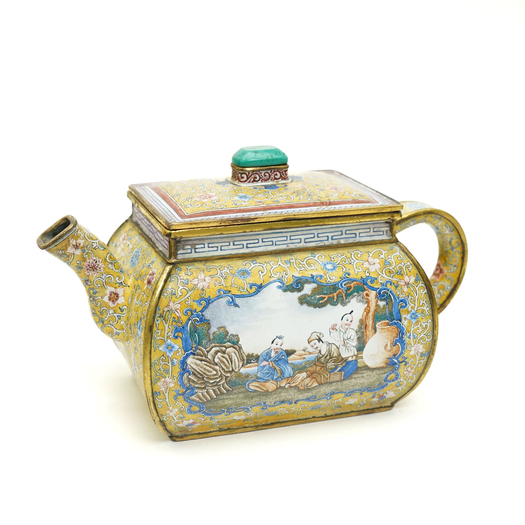 Chinese Qianlong enamel bombé shaped teapot, decorated with scenes of scholars examining a scroll and drinking on a yellow ground with various traditional floral and foliate motifs, the painted scene framed within trailing blue vine border, with Qianlong marks to base L15cm