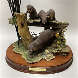 A large limited edition Border Fine Arts figure, Taking the Plunge, by Ray Ayres, depicting a family of otters, model no L143, upon wooden base, H77cm. 