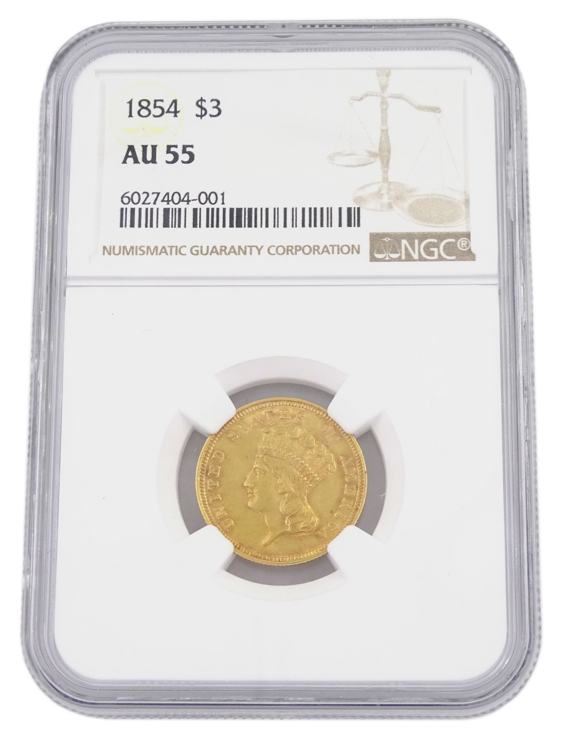 United States of America 1854 gold three dollar coin, encapsulated and graded AU55 by NGC