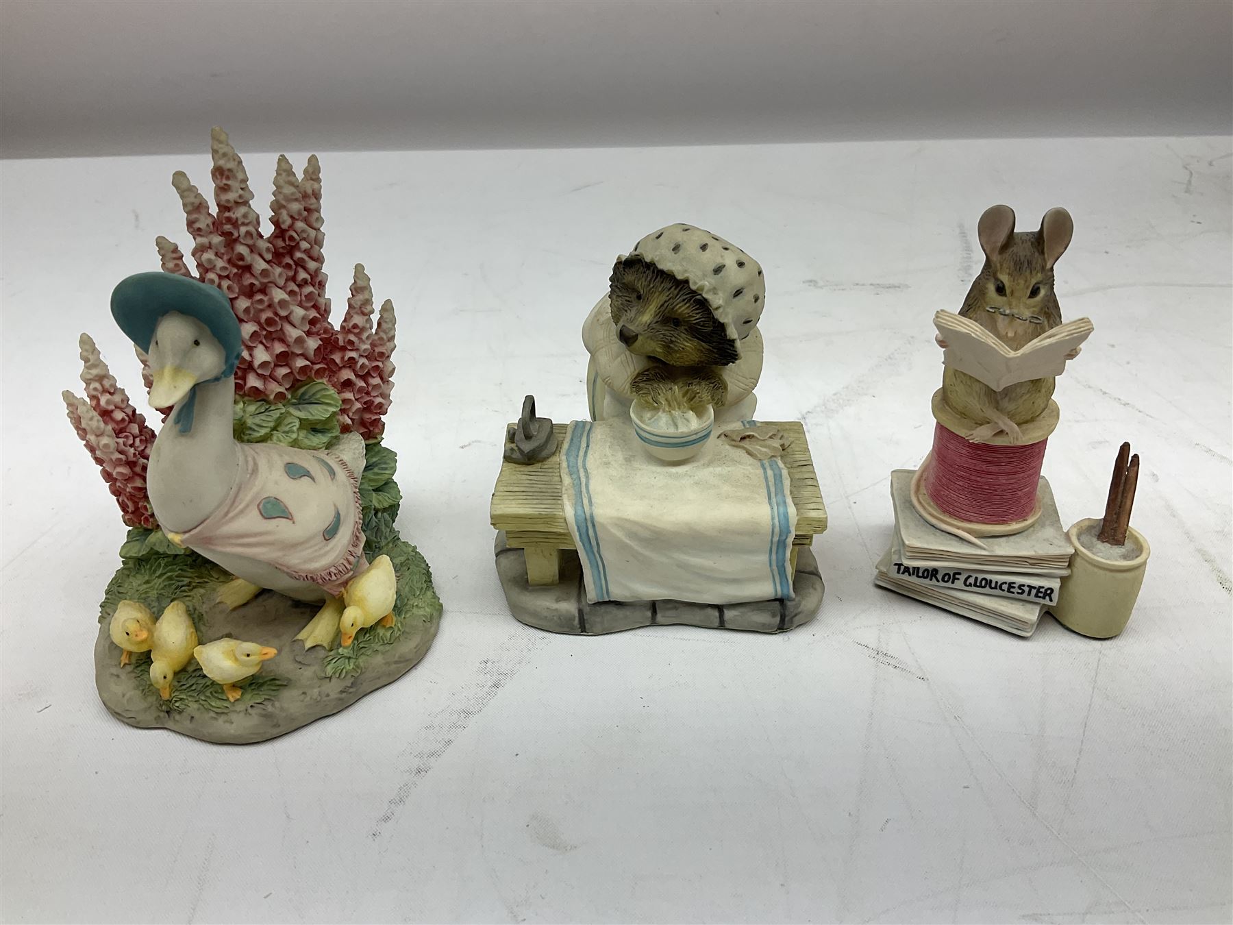 Border Fine Arts Beatrix Potter figures, to include Tableau no. 669814, The Tale of Ginger and Pickles no.A0460, Peter Rabbit in the Garden 739499, Mr Jeremy Fisher A0621, Tabitha Twitchit Brushing Kittens A0625, many with original boxes  