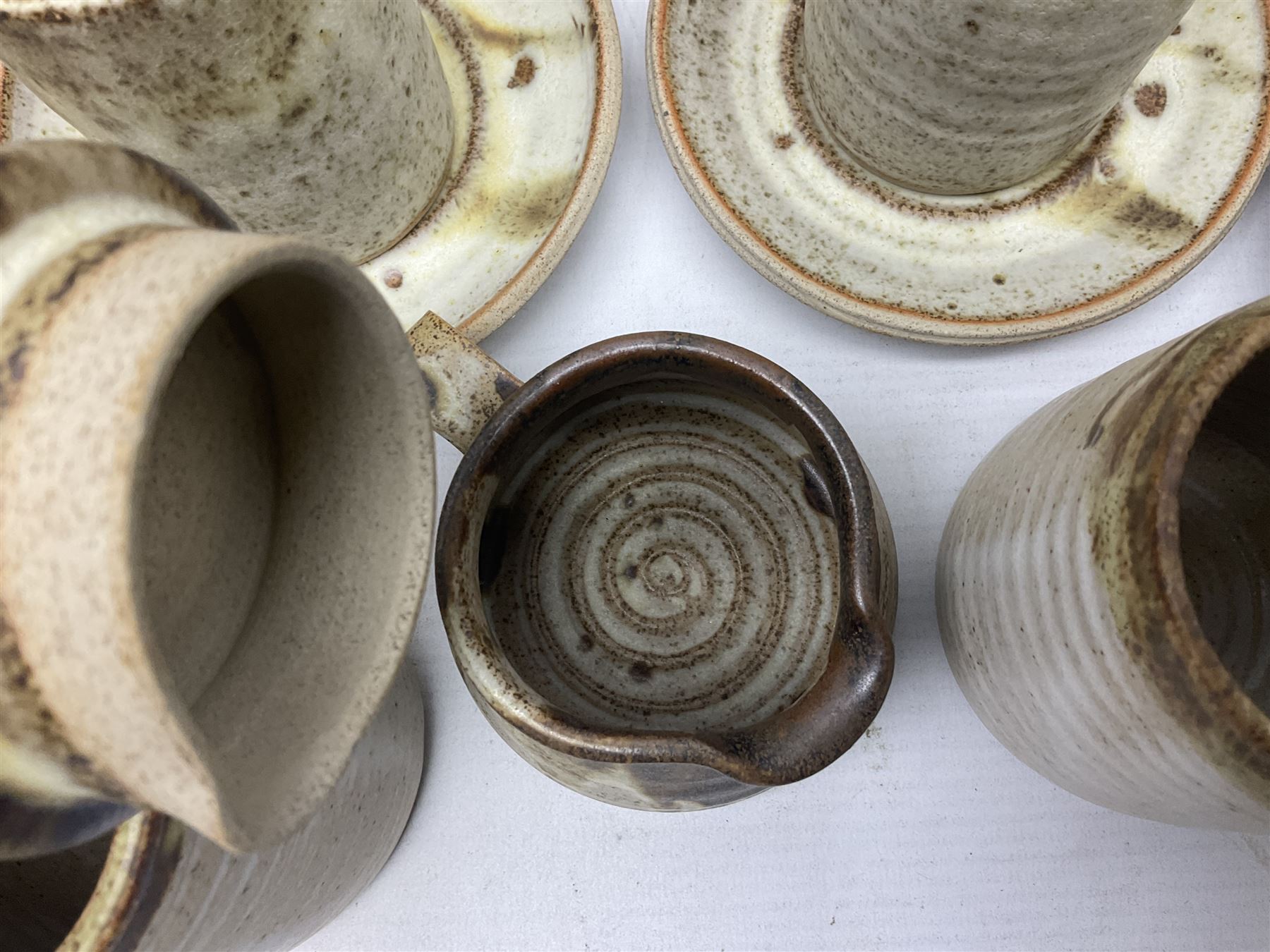 1970s Anchor studio pottery St Ives part coffee service by John Buchanan, all with various impressed anchor, St Ives and other marks, together with similar set of six studio pottery cups with impressed RP monogram