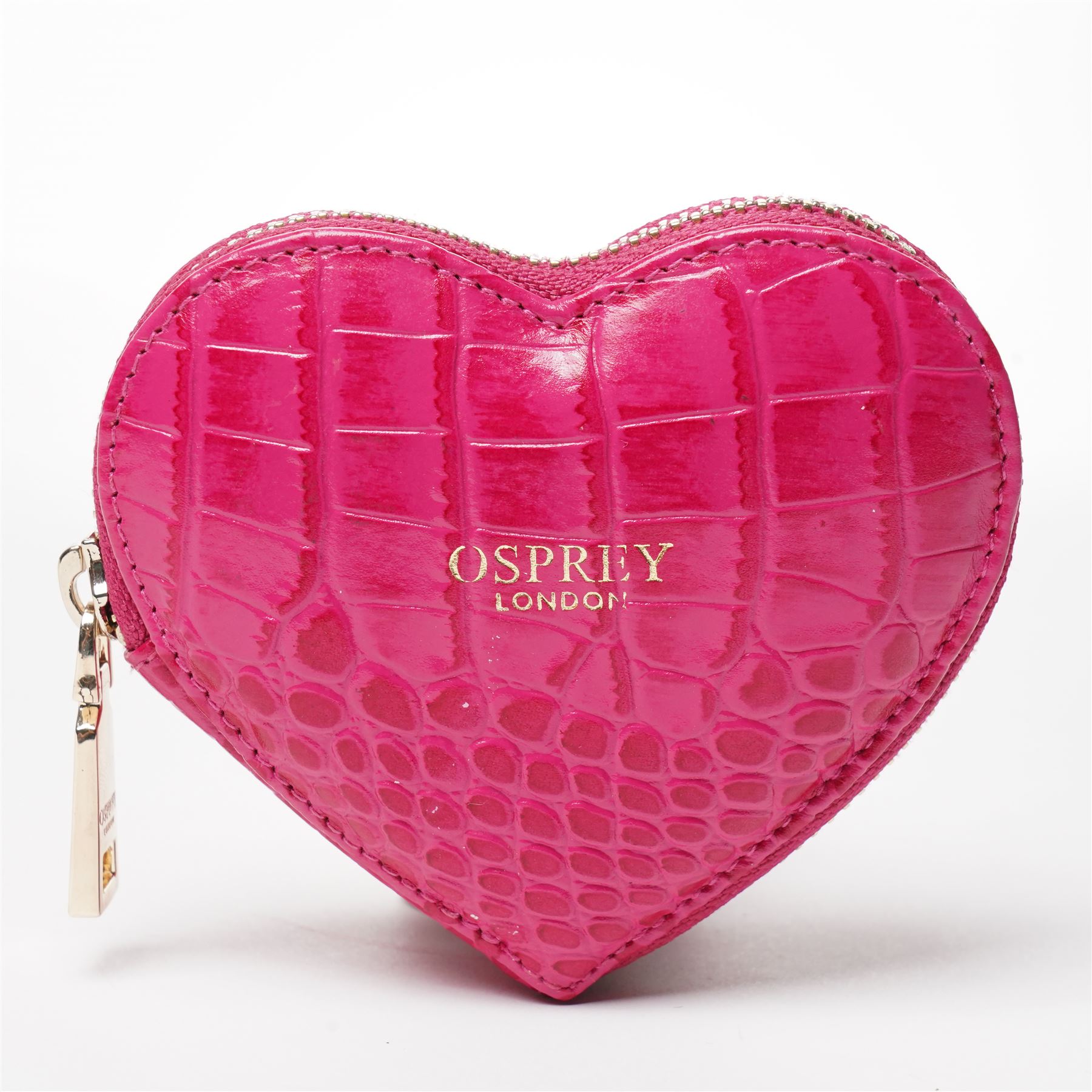 Osprey London - small heart-shaped coin zip purse, in pink mock-crocodile embossed leather, with gold-tone hardware