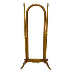 Cherry wood framed cheval dressing mirror, plain mirror plate in moulded arched frame, ring turned supports with finials on out splayed feet